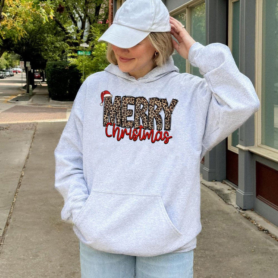 Merry Christmas Hoodie | Leopard Print Santa Hat Design | Premium Cotton-Blend Fleece | Festive Holiday Gift for Women & Men