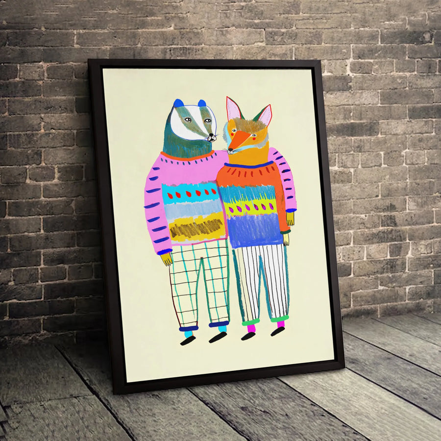 Badger and Fox Canvas Print | Whimsical Animal Best Friends Wall Art | Premium Gallery Wrapped Decor | Gift for Nature Lovers and Nursery
