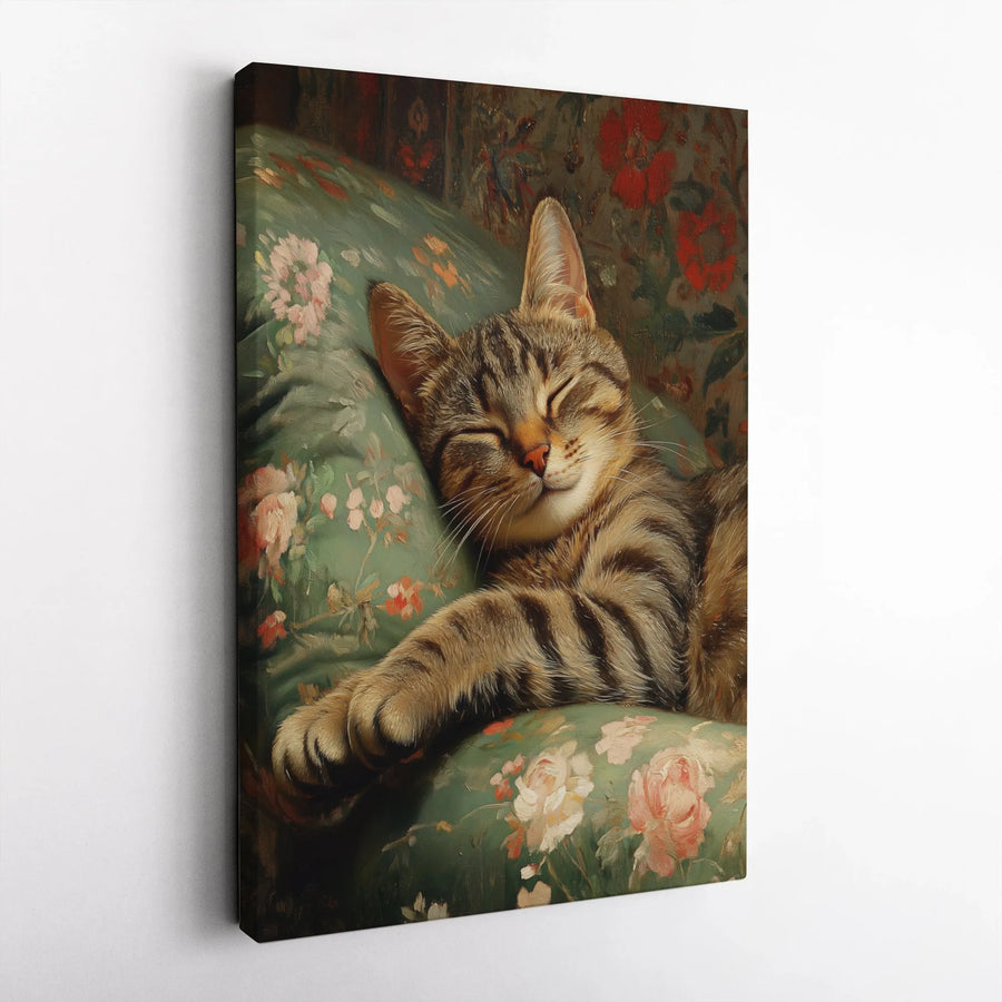 Vintage Cat Painting Canvas | Sleeping Tabby on Floral Pillow | Premium Frameless Wall Art | Collector's Gift for Cat Lovers, Cozy Home Decor