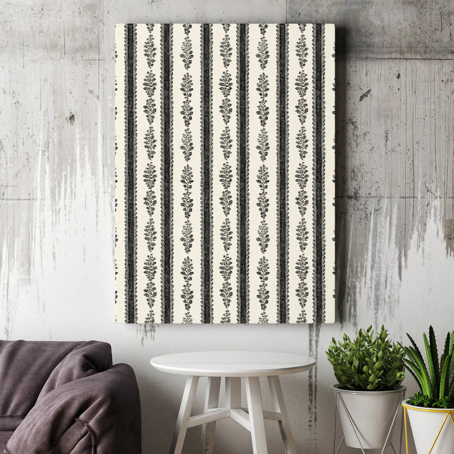 Vintage Botanical Stripe Canvas | Black and Cream Damask Pattern Wall Art | Premium 1.25" Thick Gallery Wrapped Print | Modern Farmhouse Decor Gift