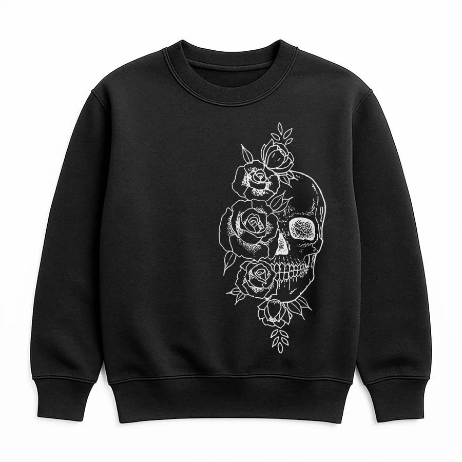 Skull Rose Sweatshirt | Artistic Floral Graphic Print | Premium Cotton Blend Crewneck | Unisex Aesthetic Goth Apparel Gift For Women And Men