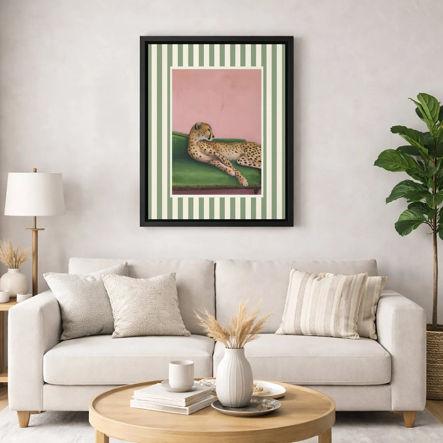 Cheetah Wall Art | Whimsical Cheetah on Green Sofa Illustration | Premium Gallery Wrapped Canvas | Eclectic Home Decor Gift