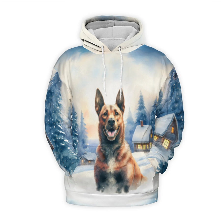 Australian Cattle Dog Hoodie | Snowy Winter Cabin Landscape | Premium Polyester Fleece | Gift For Dog Lovers & Pet Owners