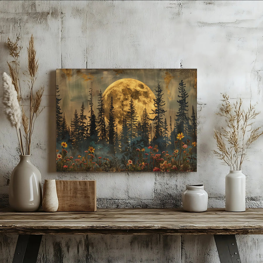 Full Moon Pine Forest Canvas | Moody Woodland Wildflower Art | Premium 1.25-Inch Gallery Wrap | Nature Wall Decor Gift for Home Office