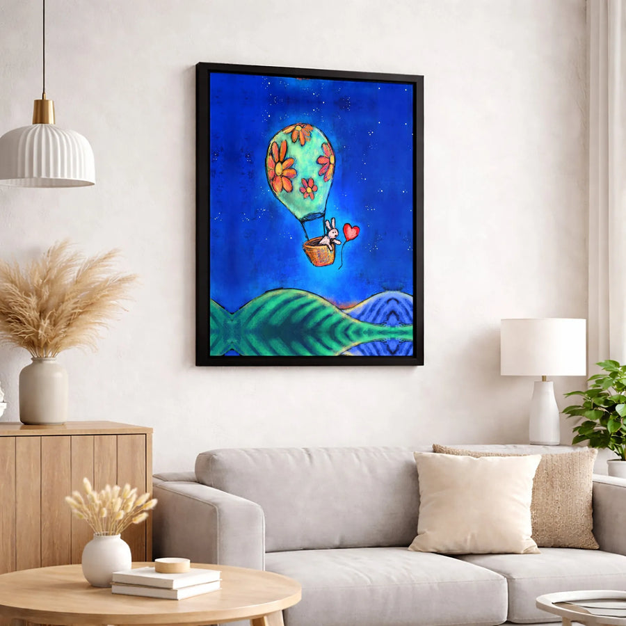 Whimsical Rabbit Canvas Wall Art | Flower Hot Air Balloon Print | Gallery-Quality 1.25-Inch Profile | Charming Nursery or Kid’s Room Decor Gift