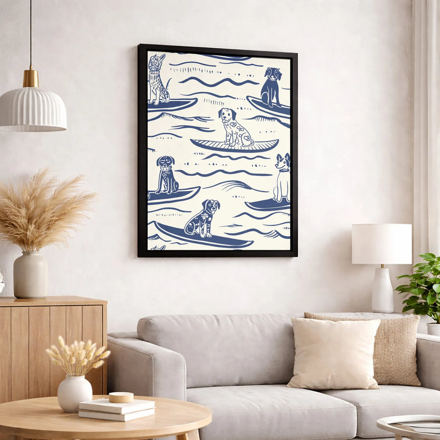 Surfing Dogs Wall Art | Blue and White Minimalist Pattern | Gallery-Quality Premium Canvas | Coastal Decor Gift for Dog Lovers