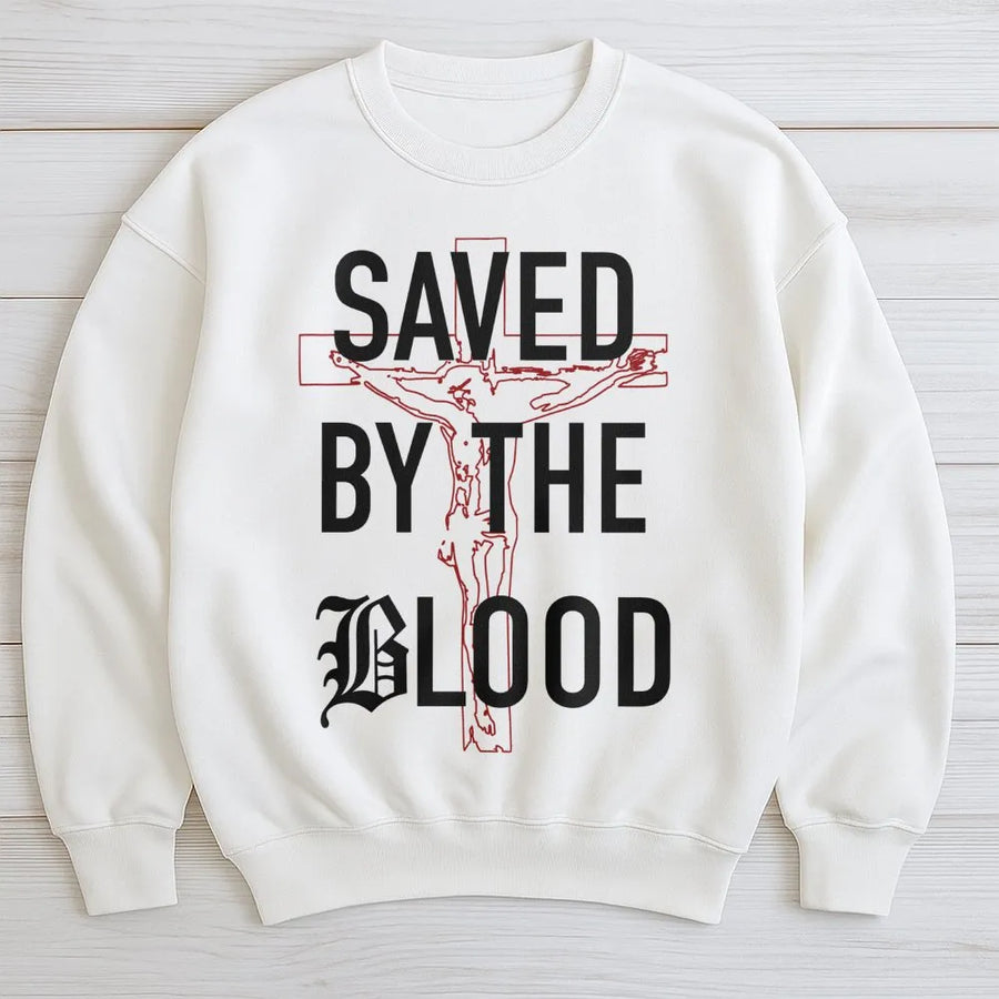 Saved By The Blood Sweatshirt | Christian Cross Graphic Tee | Premium Cotton Blend Crewneck | Religious Faith Gift For Believers