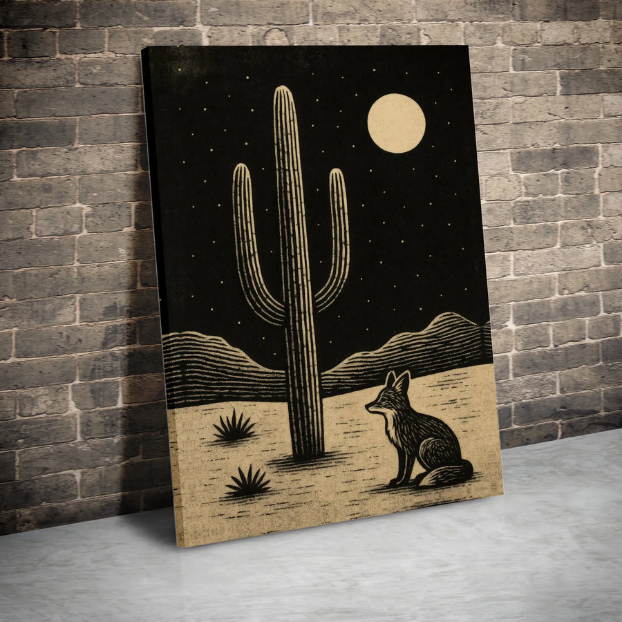 Desert Fox Canvas Wall Art | Night Saguaro Cactus Linocut Style Print | Premium Gallery-Quality Decor | Southwest Boho Gift for Home Office
