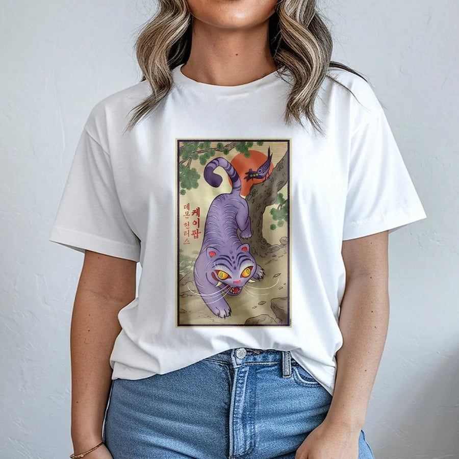 Purple Tiger Graphic T-Shirt | Korean Folklore Demon Hunter Art | Premium 100% Cotton Tee | Unique Asian Mythology Gift for Anime Lovers
