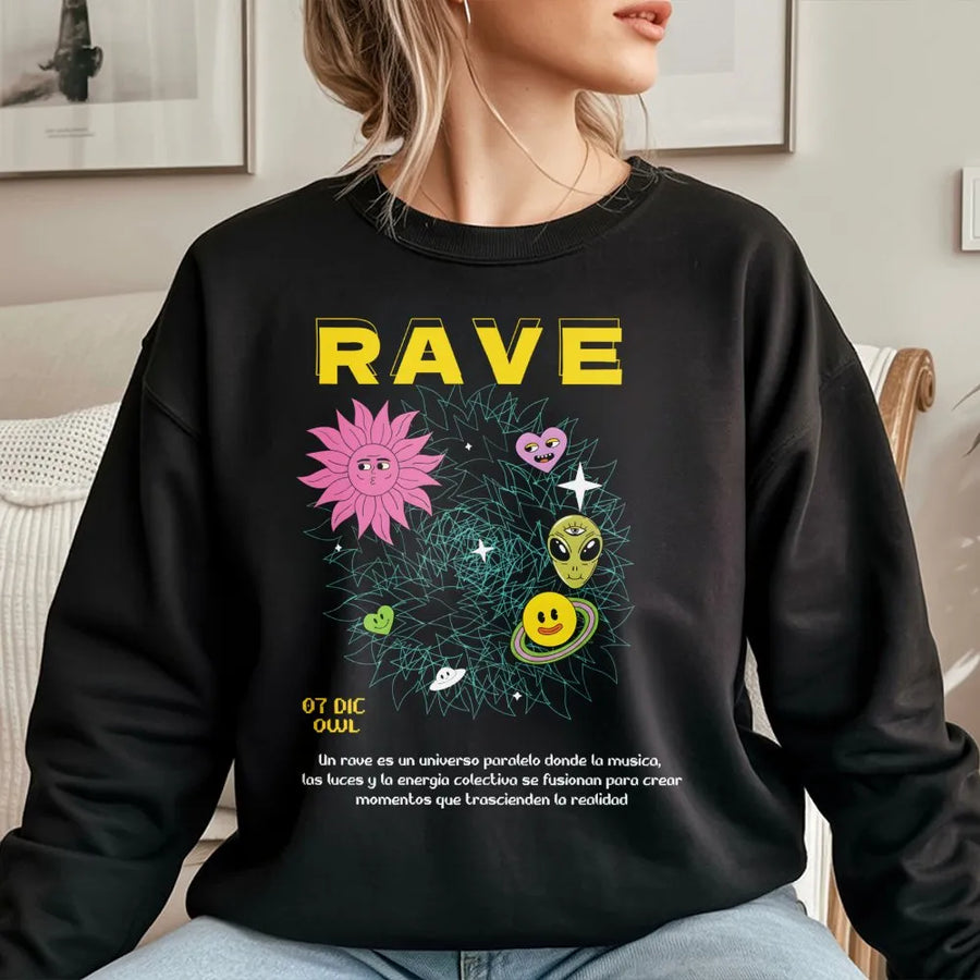 Rave Party Sweatshirt | Alien Smiley Graphic Streetwear | Premium Cotton Blend | Edm Festival Clothing Gift for Adults