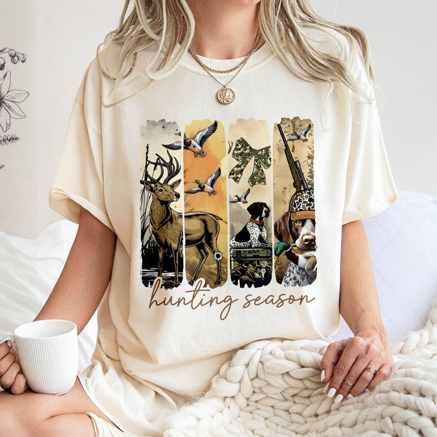 Hunting Season T-Shirt | Duck and Deer Hunter Graphic with Camo Bow | 100% Cotton Premium Tee | Outdoor Enthusiast Gift for Men and Women