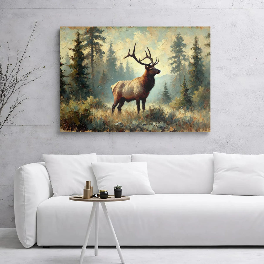 Elk Forest Canvas Wall Art | Impressionist Wildlife Oil Painting Style | Premium 1.25 Inch Gallery Wrap | Rustic Nature Decor Gift for Hunters