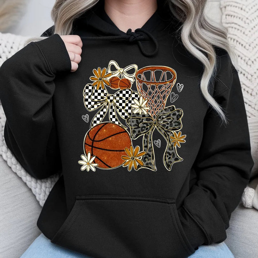 Coquette Basketball Hoodie | Preppy Bows and Floral Game Day Design | Premium Cotton Blend | Trendy Basketball Mom Gift for Her