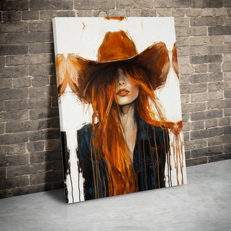 Cowgirl Portrait Canvas Wall Art | Abstract Redhead Woman in Cowboy Hat | Premium Gallery-Wrapped Print | Western Boho Home Decor Gift
