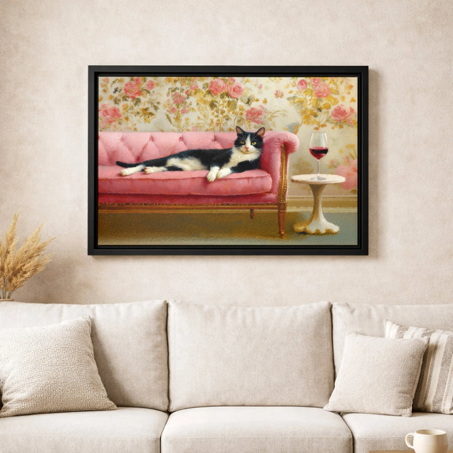 Tuxedo Cat Wall Art | Whimsical Lounging on Pink Sofa Painting | Premium Gallery-Wrap Canvas Print | Unique Cat Lover Gift & Home Decor