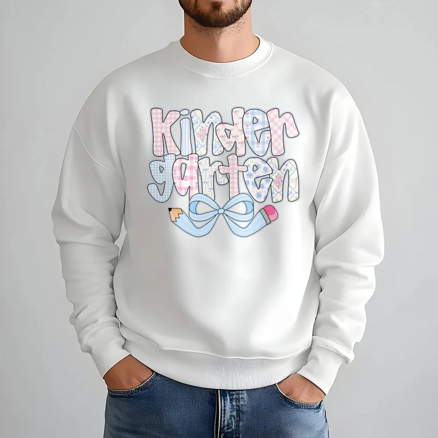 Kindergarten Teacher Sweatshirt | Coquette Pencil Bow Graphic | Premium Cotton Blend | Gift for New Teacher Back to School Outfit