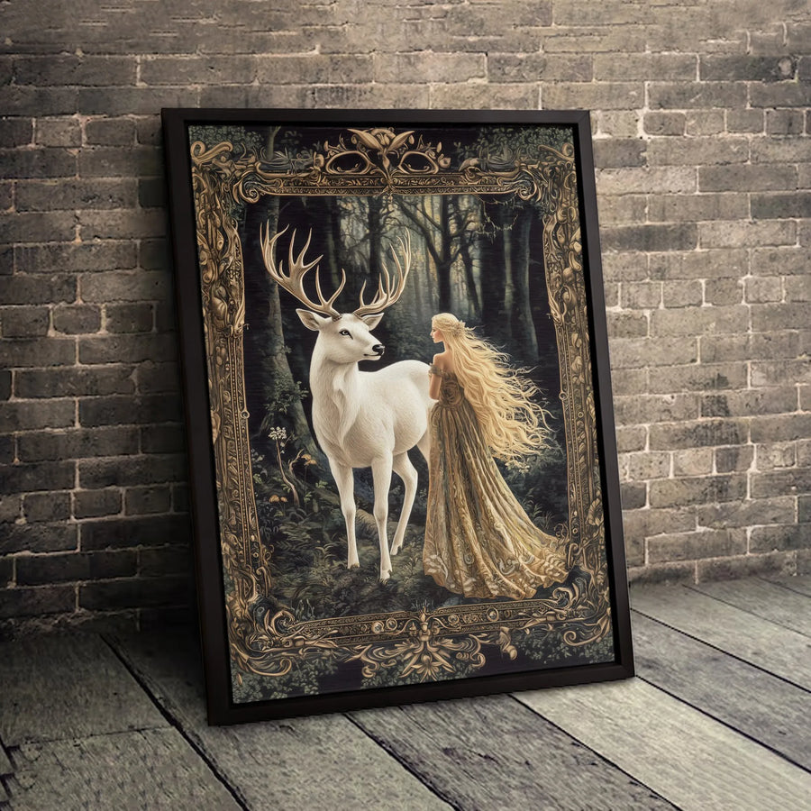 Enchanted Forest Canvas Wall Art | Fantasy Princess and White Stag | Premium Gallery Wrap Print | Whimsical Home Decor Gift