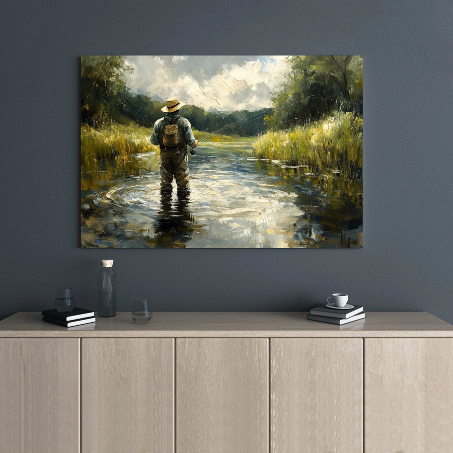 Fly Fishing Wall Art | Impressionist River Landscape Canvas Print | 1.25" Gallery Wrap | Gift For Fisherman And Outdoor Enthusiasts