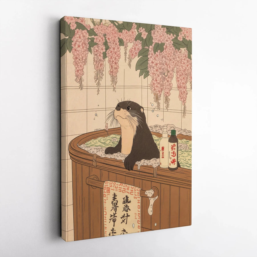 Japanese Otter Wall Art | Ukiyo-e Style Bathing Animal Canvas | Premium 1.25" Gallery Wrap | Whimsical Zen Home Decor Gift for Animal Lovers
