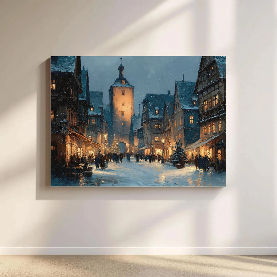 Winter Village Canvas Wall Art | Snowy European Town Night Scene | Premium Gallery-Wrapped Print | Christmas Home Decor Gift