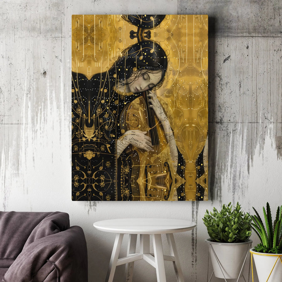 Woman Playing Cello Canvas Art | Gold Musical Note Wall Decor | Premium Fade-Resistant Gallery Print | Elegant Gift for Musicians