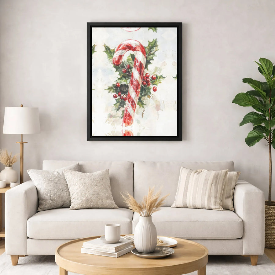 Christmas Candy Cane Canvas Wall Art | Festive Watercolor Holly Berries Decor | Premium Gallery Wrap Print | Holiday Home Office Gift