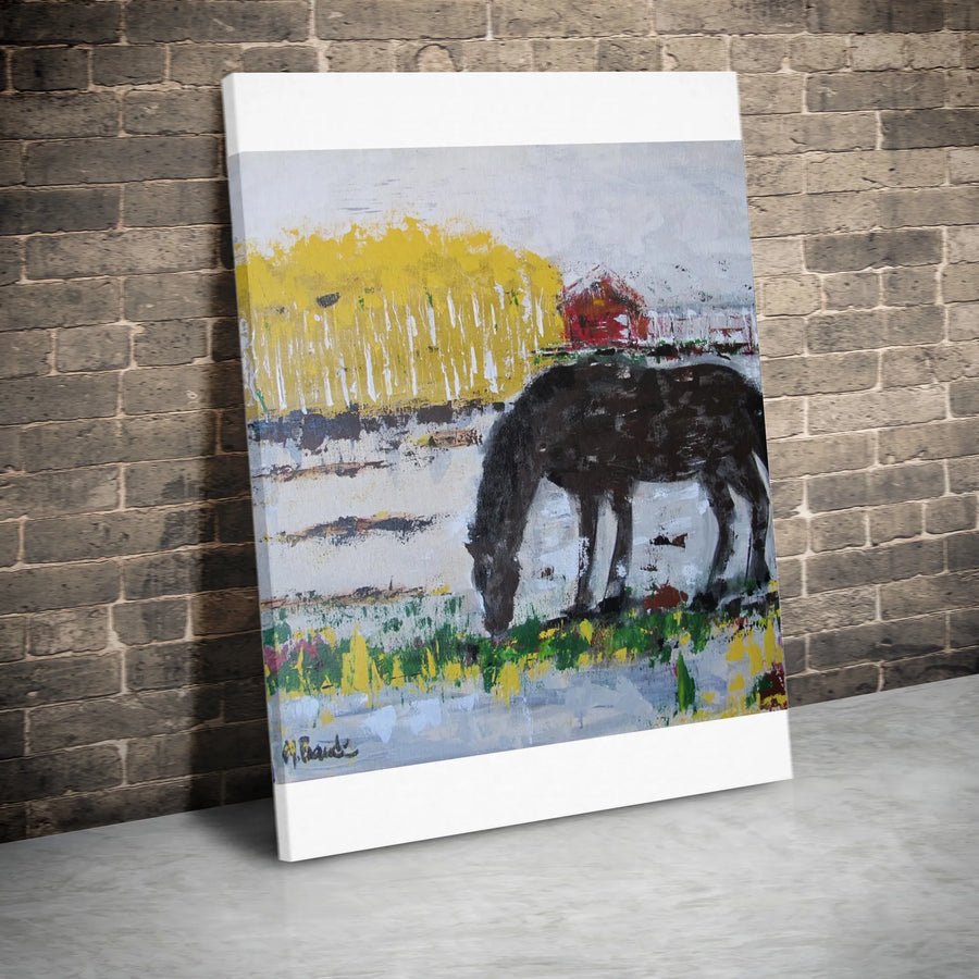 Abstract Horse Canvas Art | Dark Horse Painting with Red Barn | Premium Gallery Quality Canvas | Equestrian Farmhouse Decor Gift