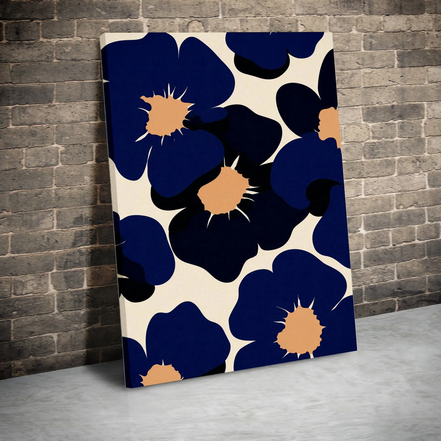 Modern Floral Vertical Canvas | Abstract Navy Blue Flower Pattern | Premium Gallery Wrapped Print | Contemporary Living Room & Office Wall Decor Gift
