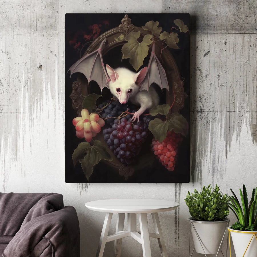 Gothic Albino Bat Canvas Wall Art | Still Life Fruit Painting | Premium Gallery Wrapped Decor | Dark Academia Gift for Bat Lovers