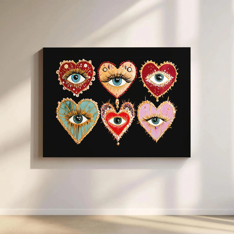 Evil Eye Heart Canvas Wall Art | Bejeweled Boho Spiritual Decor | Premium Gallery Wrap Print | Unique Protection Symbol Gift for Home