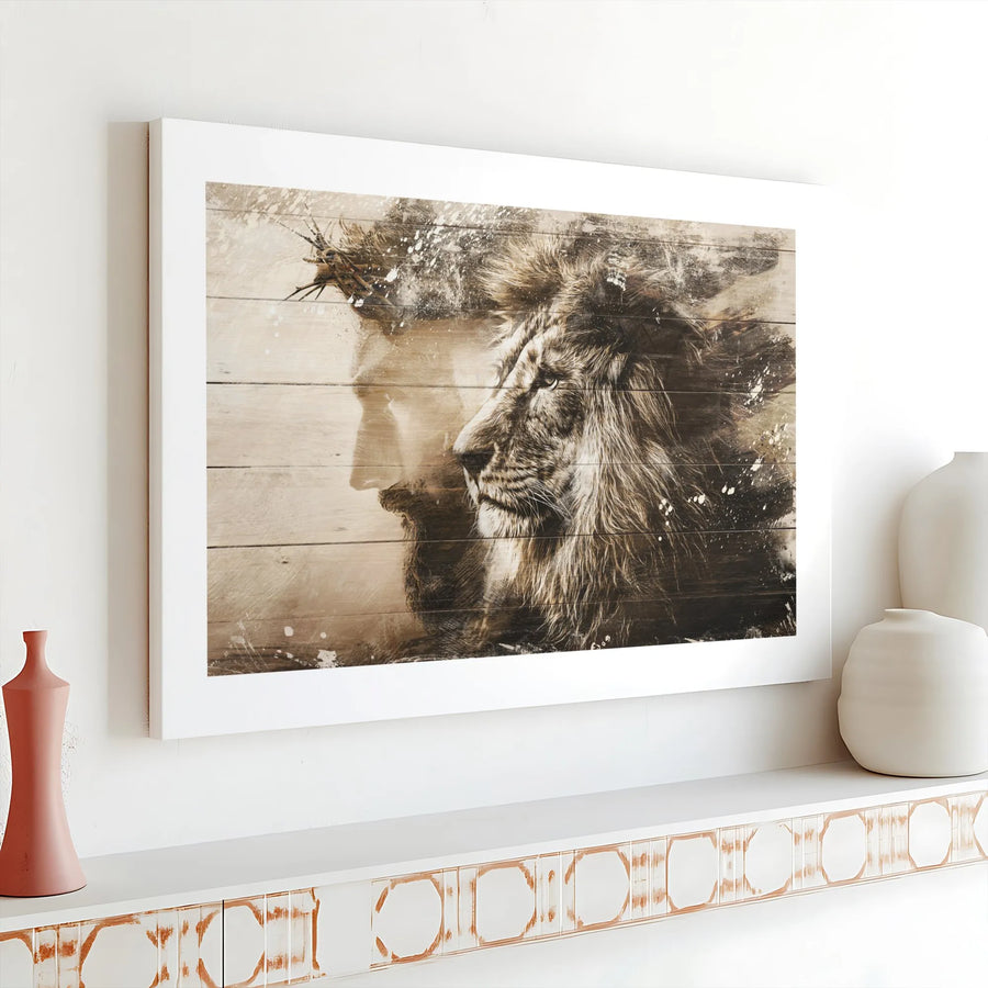 Jesus Christ and Lion of Judah Canvas Wall Art | Double Exposure Religious Decor | Premium Gallery Wrap Print | Faithful Christian Home Gift