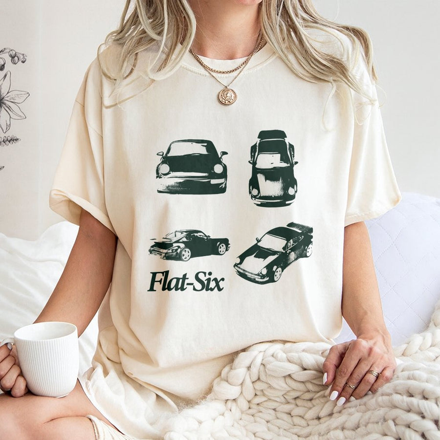 Flat Six Graphic T-Shirt | Vintage Sports Car Silhouette Design | 100% Cotton Premium Tee | Automotive Enthusiast Gift for Men and Women