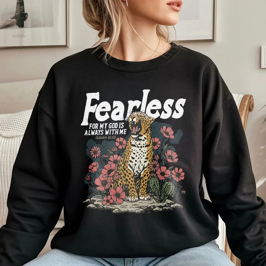 Fearless Christian Sweatshirt | Leopard & Floral Bible Verse Pullover | Soft Cotton Blend | Inspirational Faith Based Gift