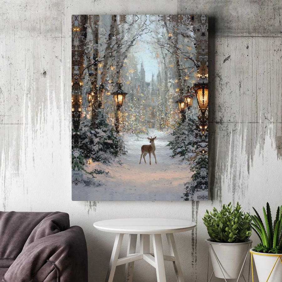 Winter Forest Deer Canvas Wall Art | Snowy Castle Landscape Print | Premium Gallery Wrap Decor | Enchanting Holiday Home Gift