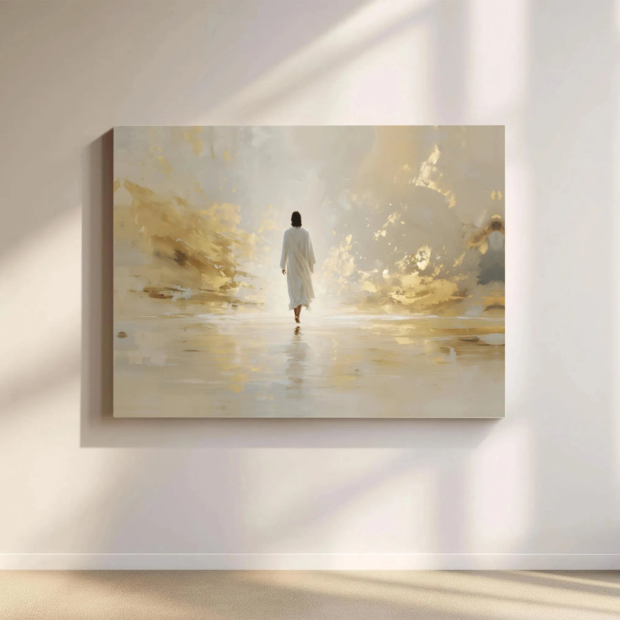 Jesus Walking On Water Canvas Wall Art | Abstract Gold Light Religious Print | Premium Gallery Wrap Decor | Inspirational Christian Home Gift