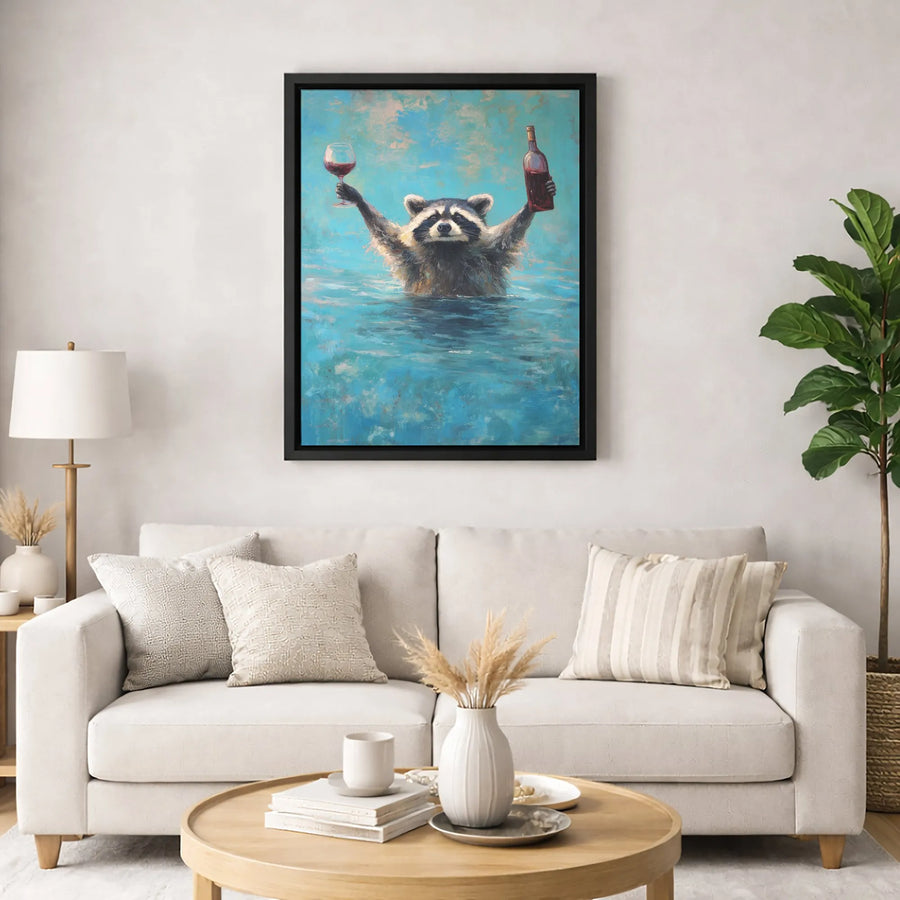 Raccoon Wall Art | Funny Wine Lover Painting | Gallery Quality Canvas Print | Whimsical Animal Home Decor Gift