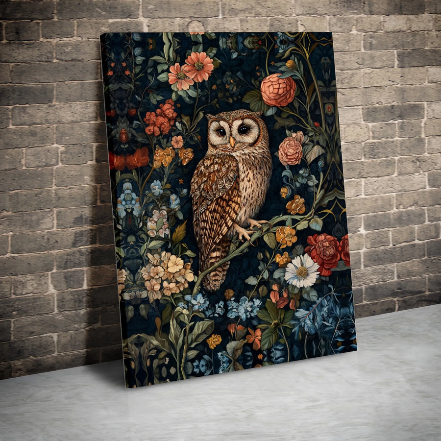 Vintage Owl Wall Art | Dark Floral Botanical Illustration | Premium Gallery Wrapped Canvas | Cottagecore & Dark Academia Home Decor Gift