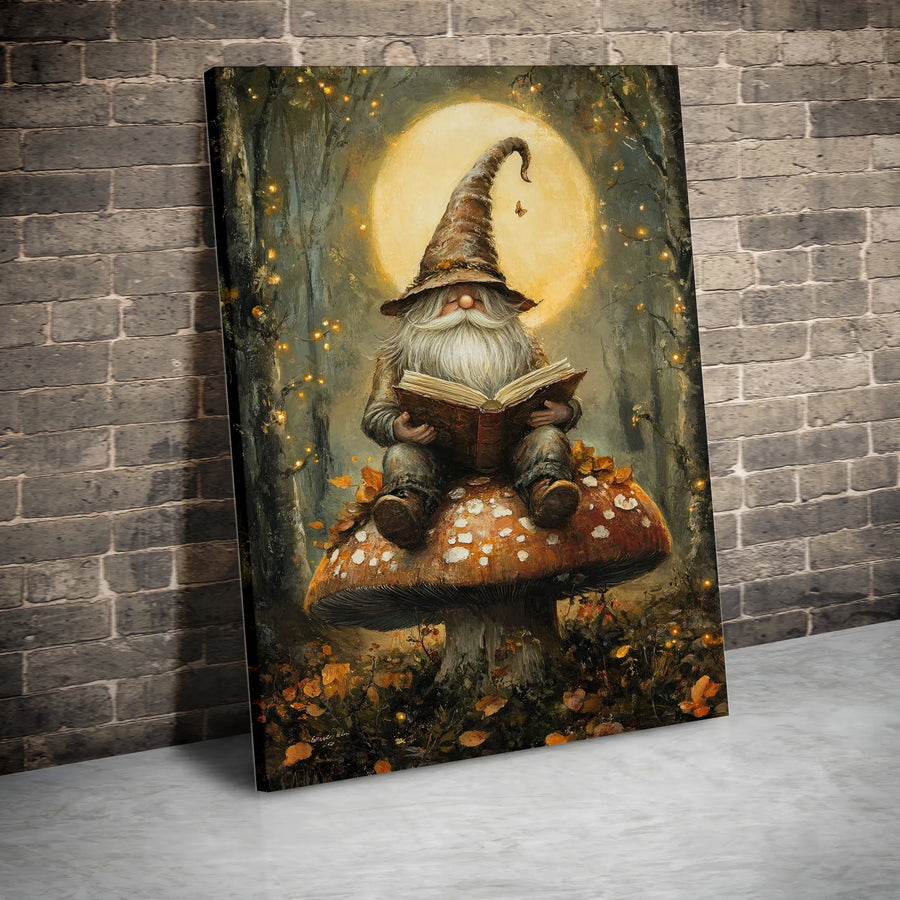 Gnome Reading Book Canvas Art | Enchanted Forest Mushroom Decor | Premium Fade-Resistant Gallery Wrap | Magical Fantasy Gift for Book Lovers