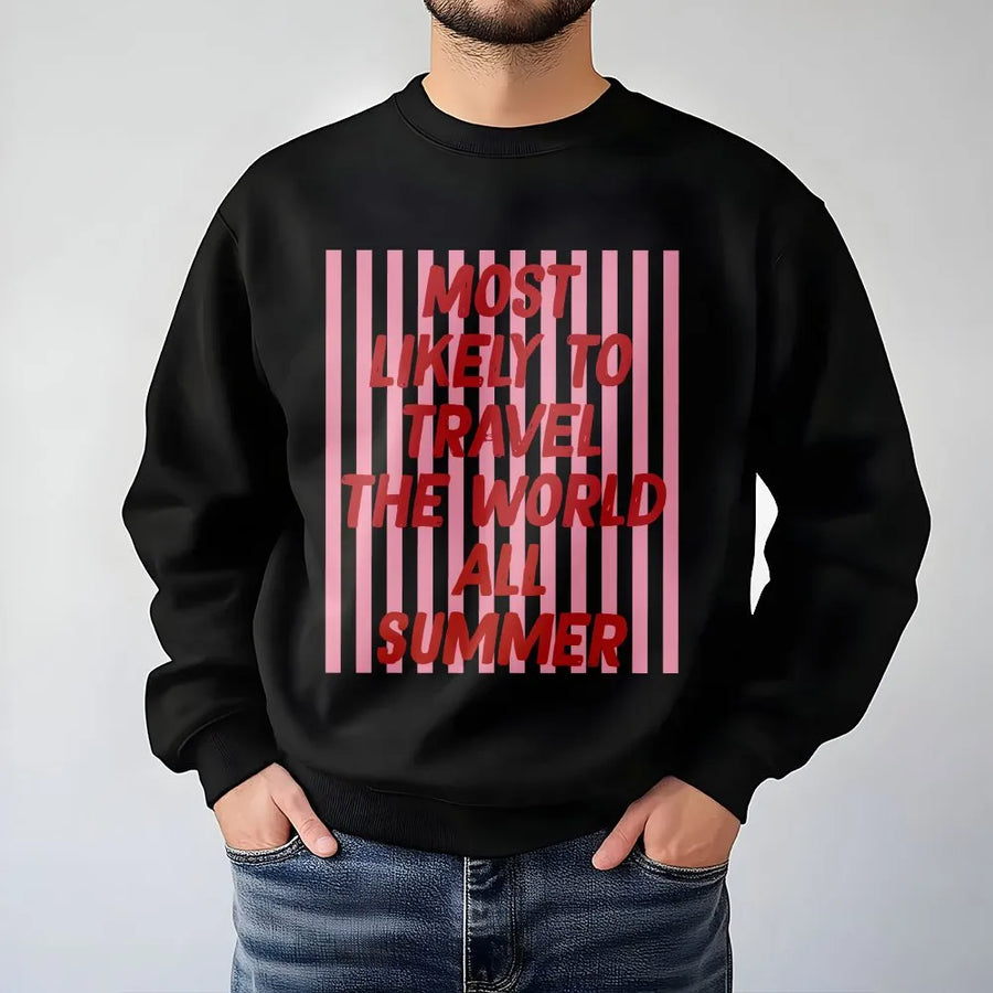 Most Likely To Travel Sweatshirt | Funny Summer Vacation Graphic Sweatshirt | Cozy Cotton Blend | Gift for World Traveler, Matching Group Trip Outfit