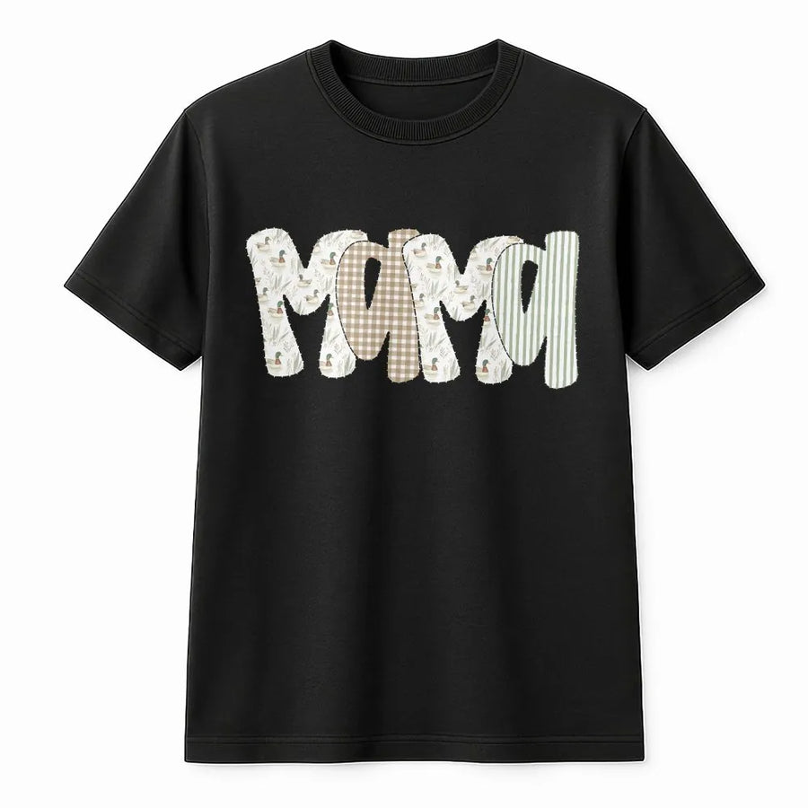 Duck Hunting Mama T-Shirt | Camo Mallard Duck Patchwork Style | Premium Cotton Tee | Gift for Outdoorsy Mom