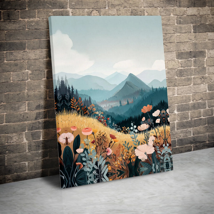 Wildflower Mountain Landscape Canvas Art | Boho Meadow Floral Wall Decor | Premium Fade-Resistant Gallery Wrap | Nature-Inspired Home Gift