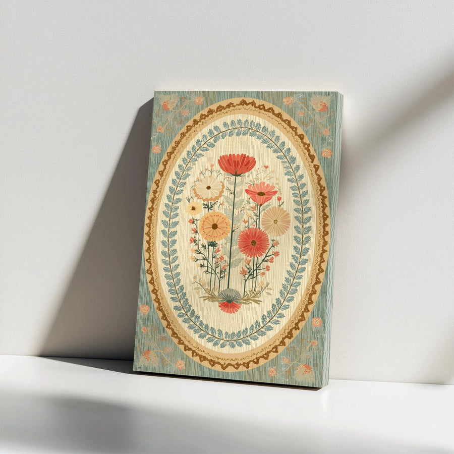 Vintage Floral Vertical Canvas | Scandinavian Folk Art Flower Bouquet | Premium Gallery Wrapped Canvas | Boho Farmhouse Wall Decor Gift