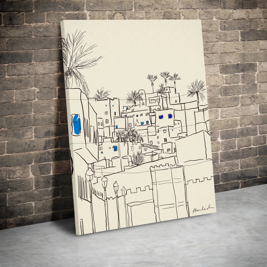 Moroccan Medina Canvas Art | Minimalist Line Drawing with Blue Accents | Gallery Quality 1.25" Wrap | Premium Travel-Inspired Home Decor