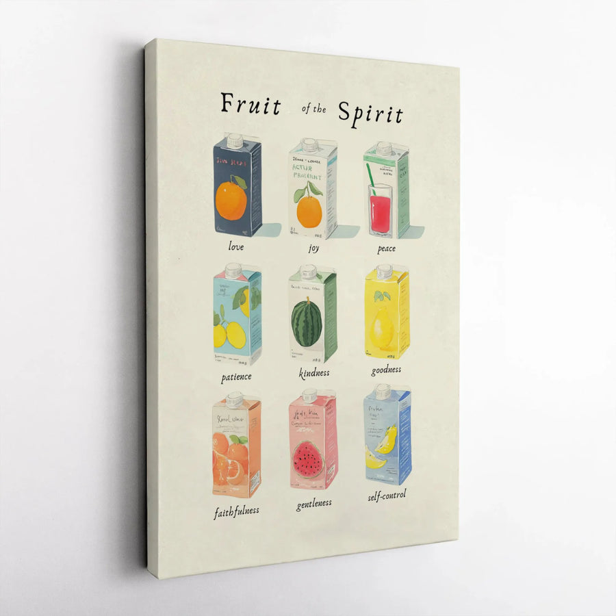 Fruit Of The Spirit Canvas Print | Illustrated Juice Box Bible Verse Art | Premium Gallery Wrap Wall Decor | Christian Gift For Home Or Office