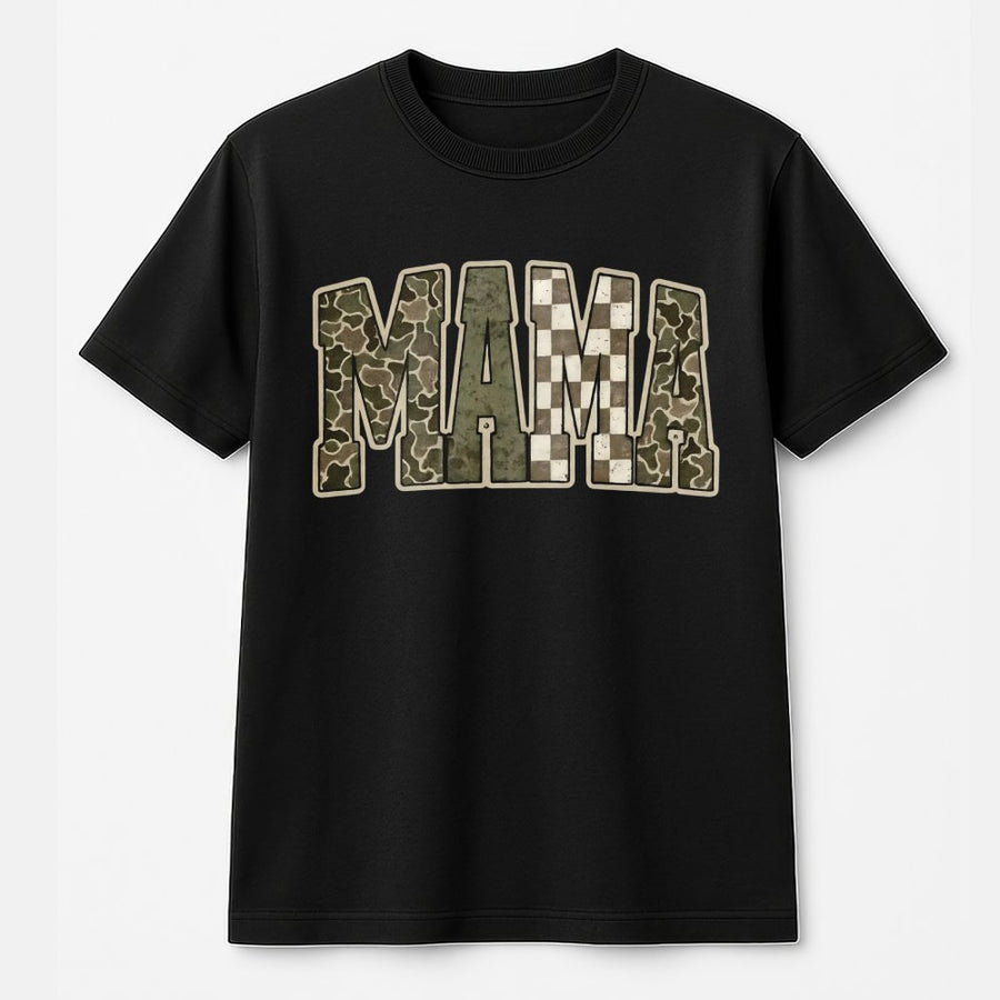 Mama Camo T-Shirt | Distressed Varsity Western Print | 100% Cotton Premium Tee | Hunting Mom Gift Idea