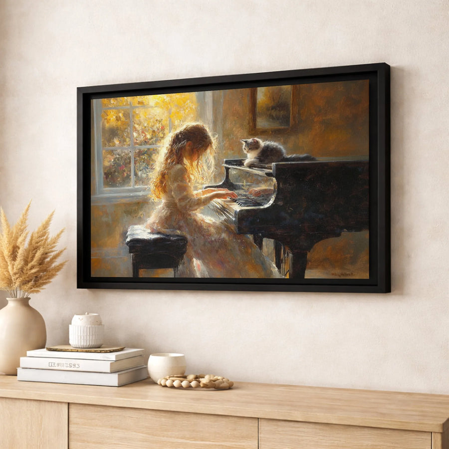 Girl Playing Piano Wall Art | Impressionist Cat and Musician Canvas | Premium Fade-Resistant Home Decor | Meaningful Gift for Music Lovers