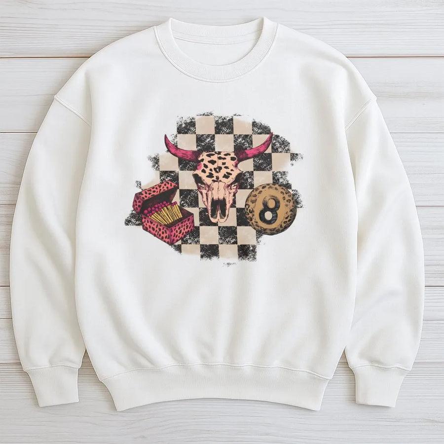 Bull Skull 8 Ball Sweatshirt | Western Cowgirl Aesthetic Design | Premium Cotton Blend Crewneck | Trendy Boho Country Gift for Her