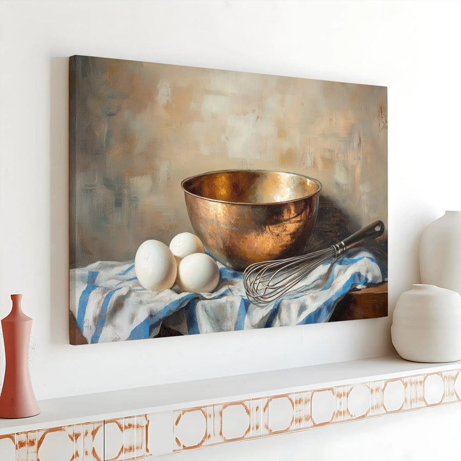 Rustic Kitchen Still Life Canvas Art | Vintage Baking Scene with Copper Bowl | Premium Gallery Quality Canvas | Kitchen & Dining Room Wall Decor Gift