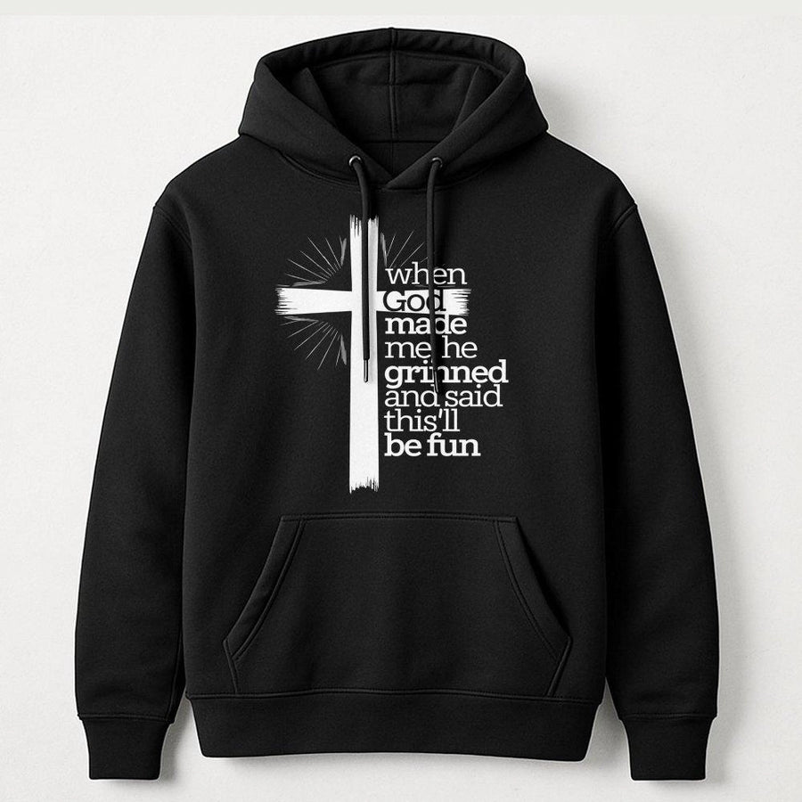 Christian Hoodie | When God Made Me He Grinned Quote | Premium Cotton Blend | Inspirational Religious Gift for Men and Women