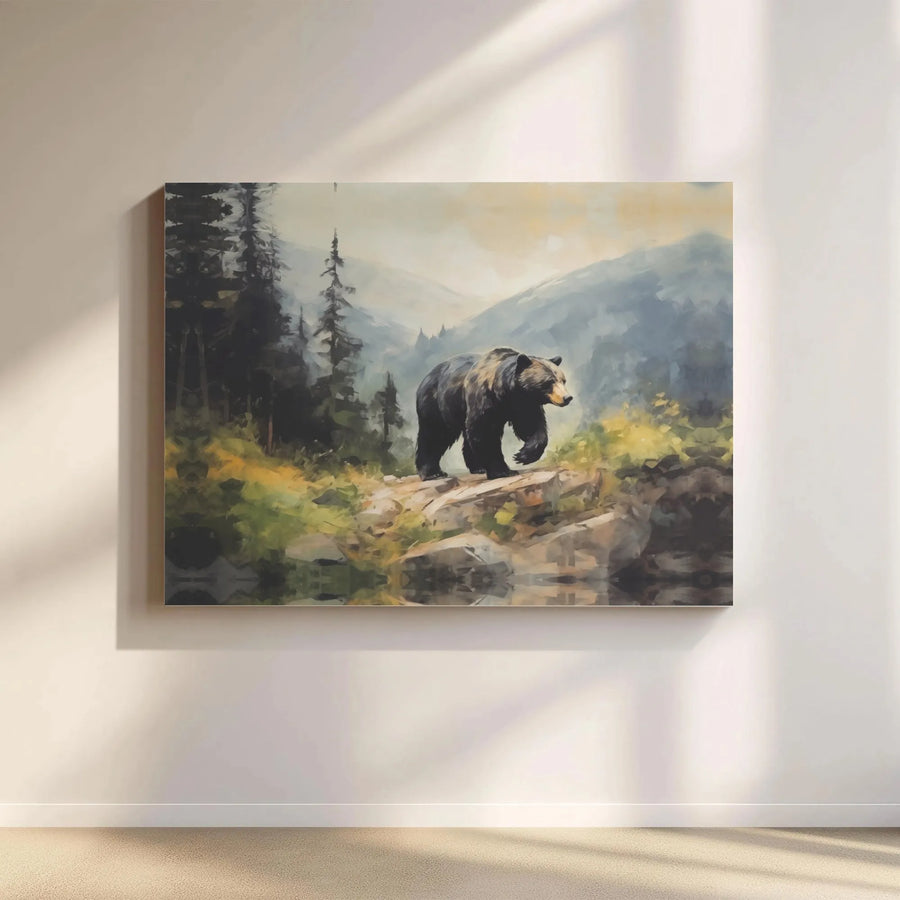 Grizzly Bear Mountain Wall Art | Majestic Wildlife Forest Landscape | Premium Gallery Canvas | Nature Lover Home Office Decor Gift